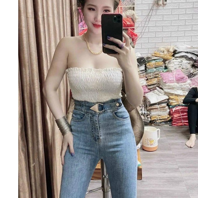 Quần jeans cạp cao đai khuy tam giác 💖FREESHIP💖 quần jeans ôm đai khuy siêu hot