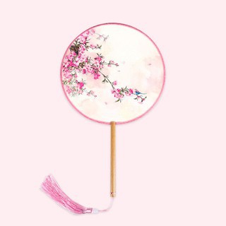 Quạt tròn cổ trang THUYỀN TRÊN SÔNG TÍM M65 kèm dây tuyến tua rua chụp ảnh xinh xắn