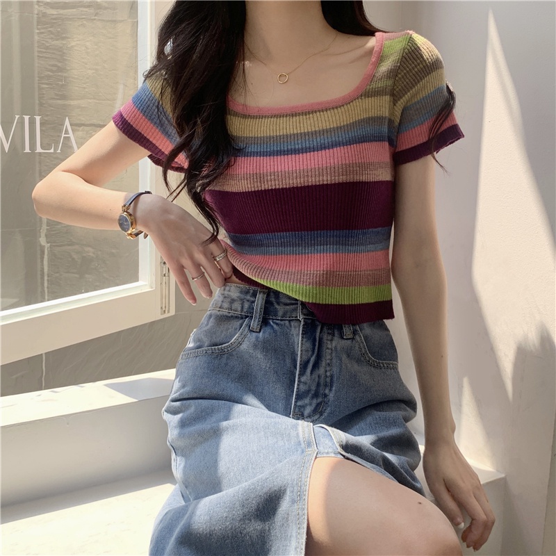 Porozi  Áo thun dệt kim ngắn tay  cổ vuông họa tiết kẻ sọc phong cách Hàn Quốc thời trang mùa hè cho nữ