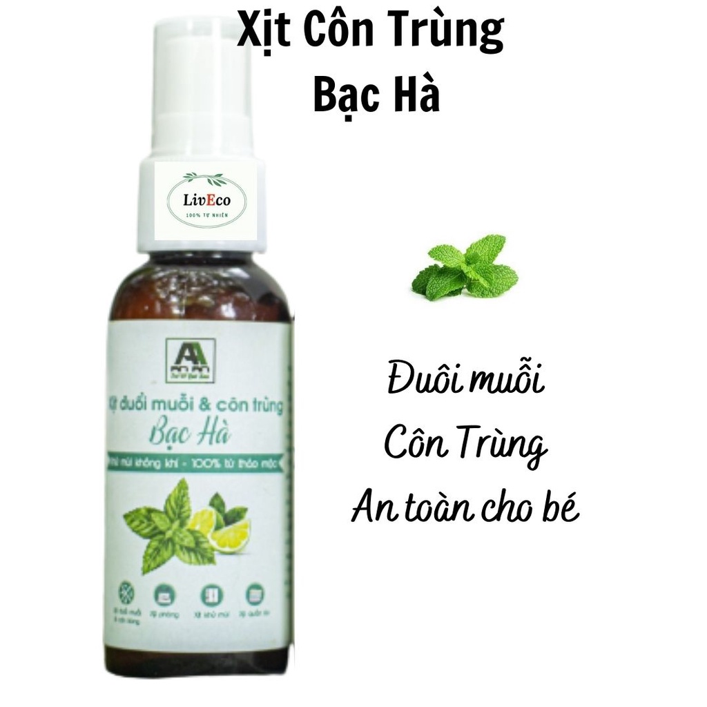 Xịt Thơm Thảo Mộc Bạc Hà Đuổi Côn Trùng Muỗi an toàn cho bé, KHÔNG độc hại, Hóa chất - 50ml- HSD 1 năm -LivEco