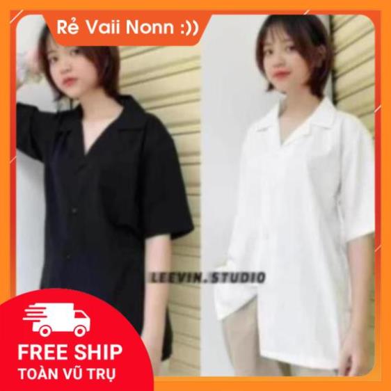 Áo sơ mi ngắn tay Nam Nữ Cổ Vest TRƠN trắng và đen - Kiểu sơ mi tay ngắn form rộ