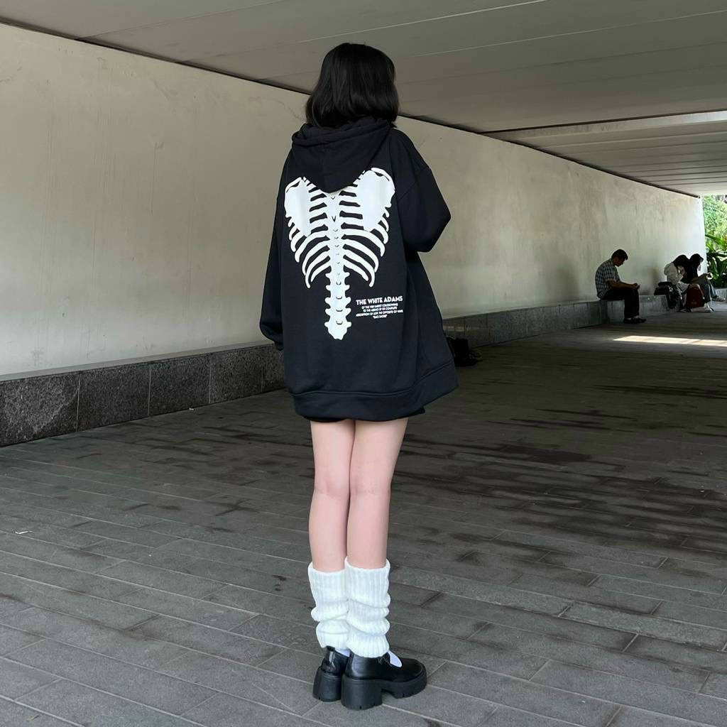 Áo Hoodie xanh lá The White Adams Bộ xương form rộng unisex cực đẹp