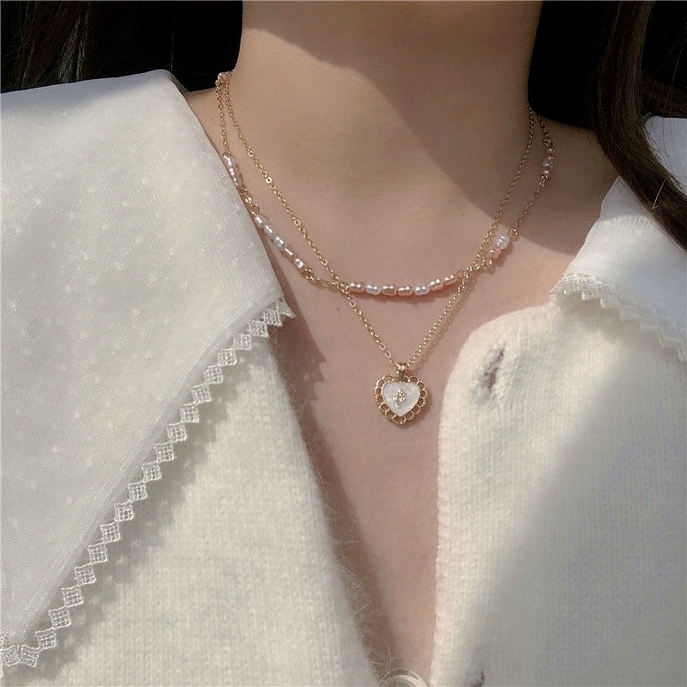Vòng cổ Hai Lớp Đính Ngọc Trai Phong Cách Hàn Quốc Cho Nữ