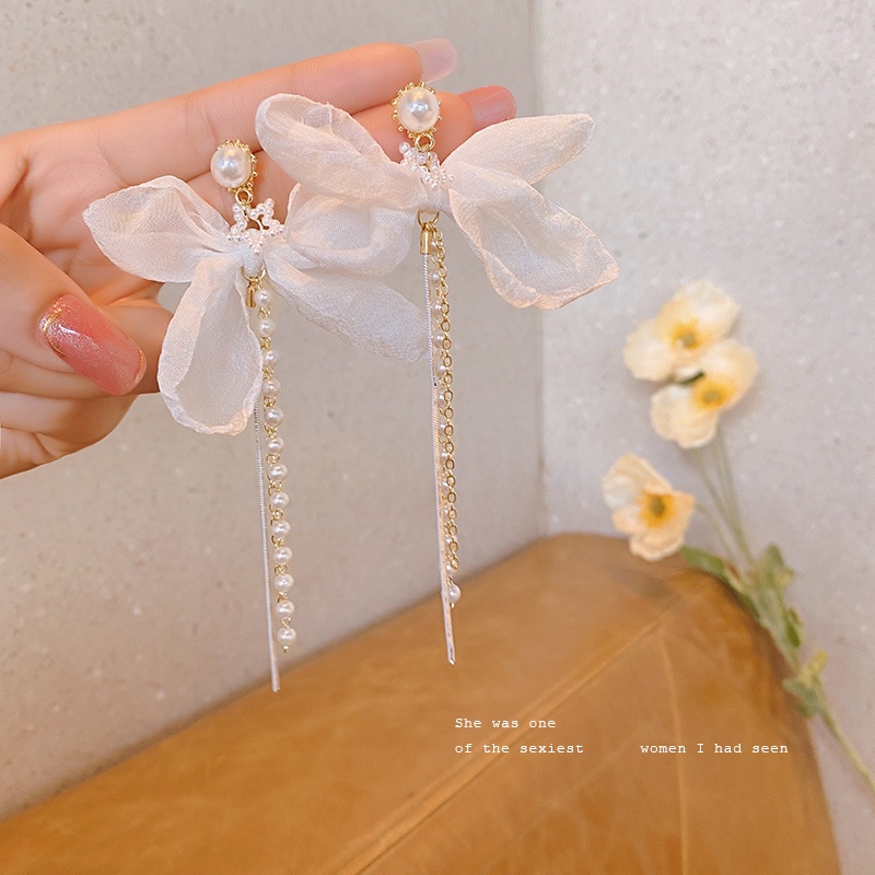 Bông Tai Bạc 925 Đính Ngọc Trai Tua Rua Phong Cách Hàn Quốc Thời Trang