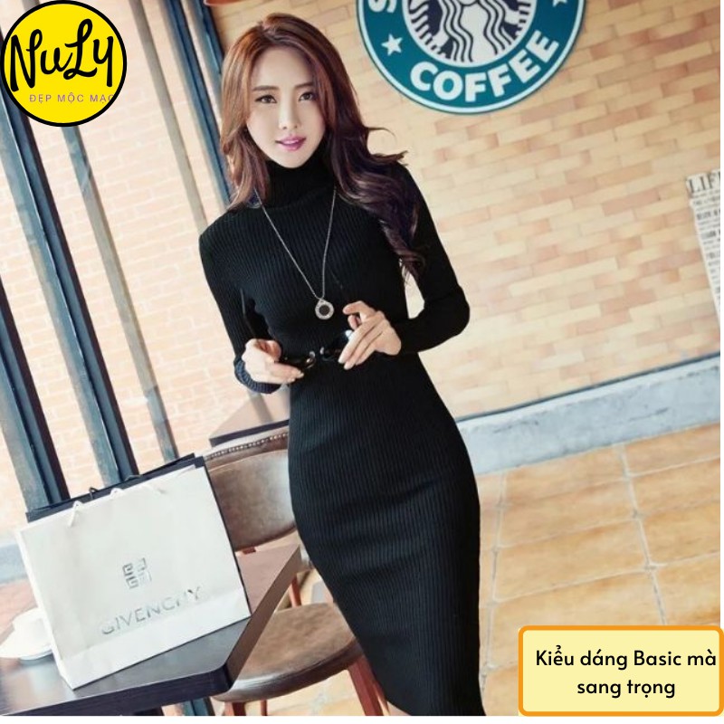 Váy Dài Tay Cổ Lọ Nữ, Đầm Body Form Ôm Lên Dáng Đẹp Màu Đen NULY, VBCL