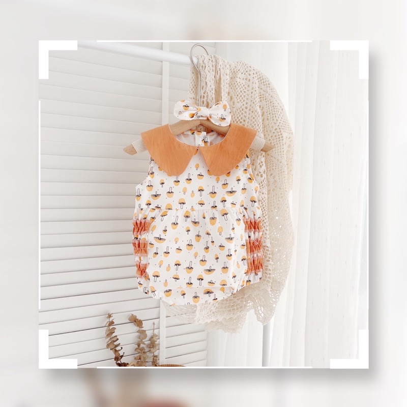 ( Tặng kèm tuban) Body hè hoạ tiết nấm cổ sen cho bé gái- Bộ liền thân Vải thô boi mềm, mát , thấm mồ hôi