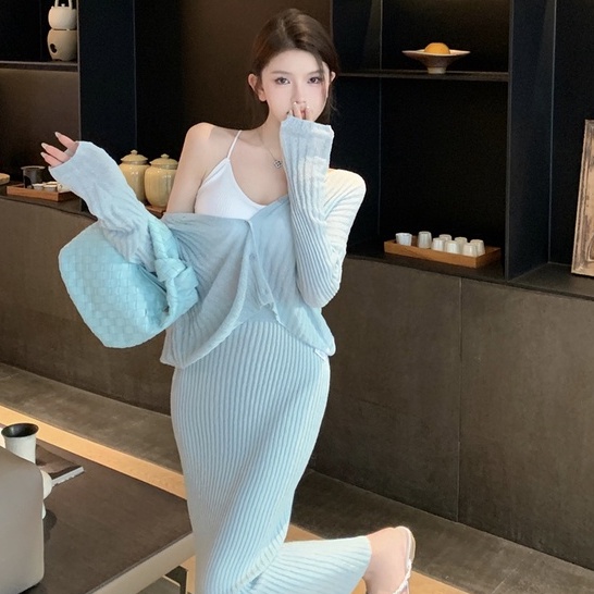 Bộ Áo Khoác Cardigan Dài Tay Chống Nắng Dáng Rộng + Chân Váy Eo Cao Thời Trang Mùa Thu Phong Cách Hàn Quốc Cho Nữ