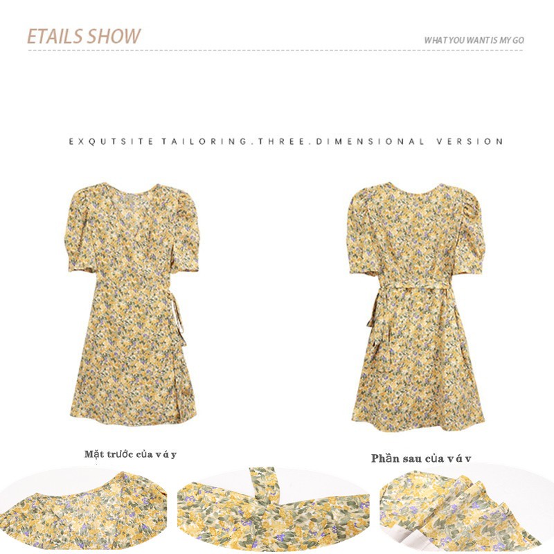Đầm hoa cổ chữ v thiết kế tay phồng có dây thắt ngang eo tùy chỉnh kiểu dáng tiểu thư | BigBuy360 - bigbuy360.vn