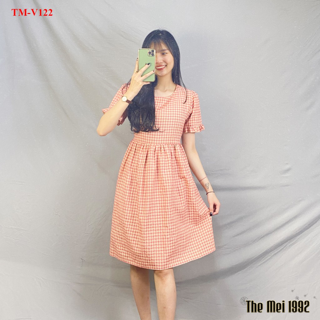 Váy suông nữ The Mei 1992- Đầm bầu bigsize cổ vuông chất cotton cao cấp mát mịn kẻ caro tay ngắn siêu xinh