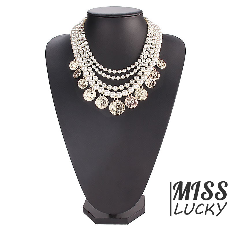 Vòng cổ chuỗi hạt ngọc trai nhân tạo nhiều lớp phối mặt kim loại phong cách cá tính cho nữ