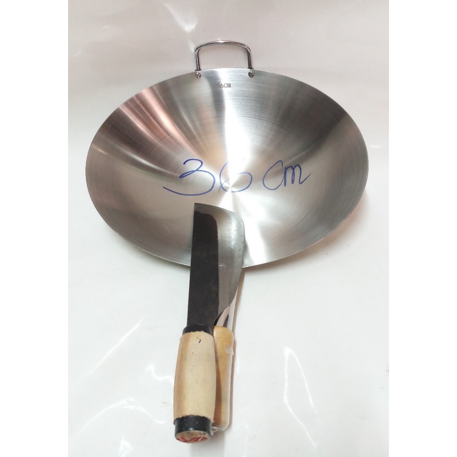 CHẢO (QUÁNH)INOX CÁN GỖ 36CM TẶNG KÈM 1 DAO PHAY.