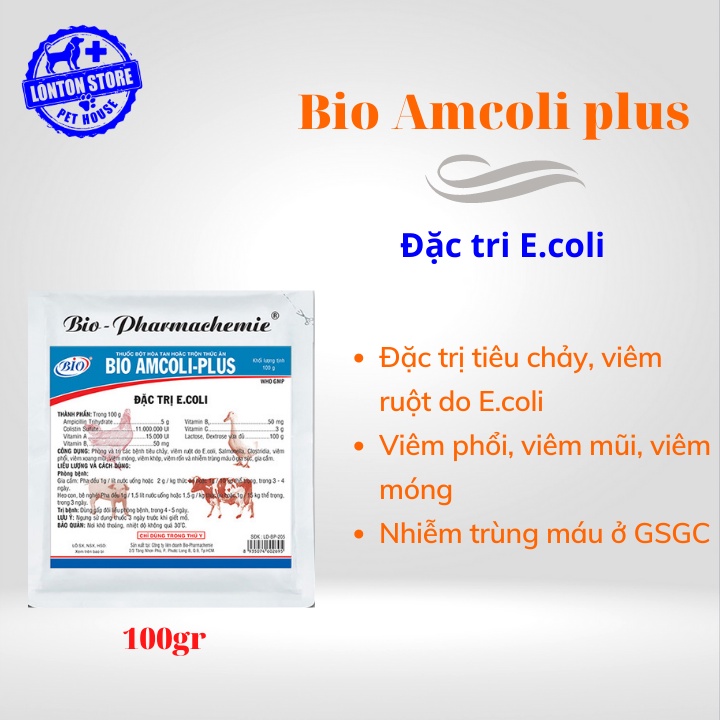 BIO Amcoli plus, sản phẩm hổ trợ sức khỏe cho gia súc gia cầm, gói 100gr