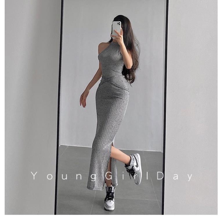 Váy yếm hai dây 2 dây xẻ tà buộc dây hở lưng ôm body dáng dài $