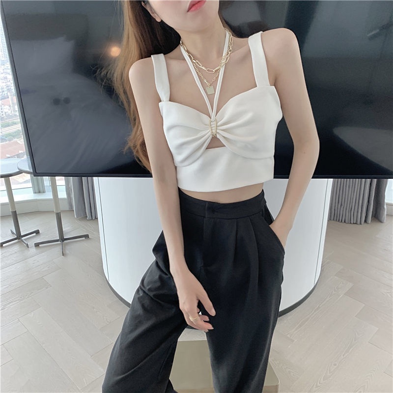 Áo Dệt Kim Hai Dây Ngắn Màu Trơn Khoét Lỗ Phong Cách Hàn Quốc Cho Nữ