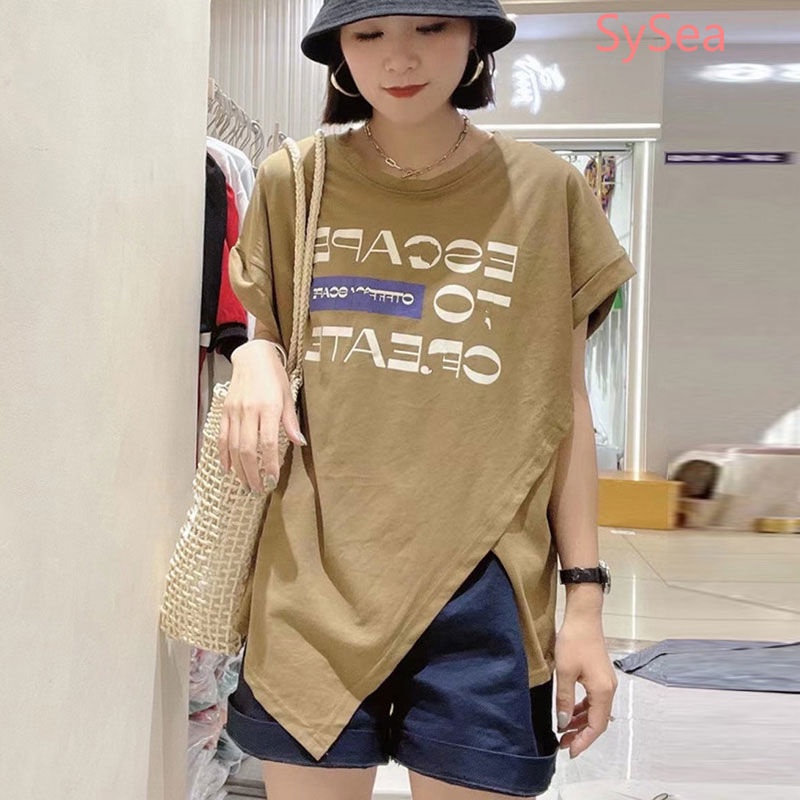 Áo Thun Tay Ngắn In Chữ Thiết Kế Bất Đối Xứng Phong Cách Hàn Quốc Trẻ Trung Cho Nữ