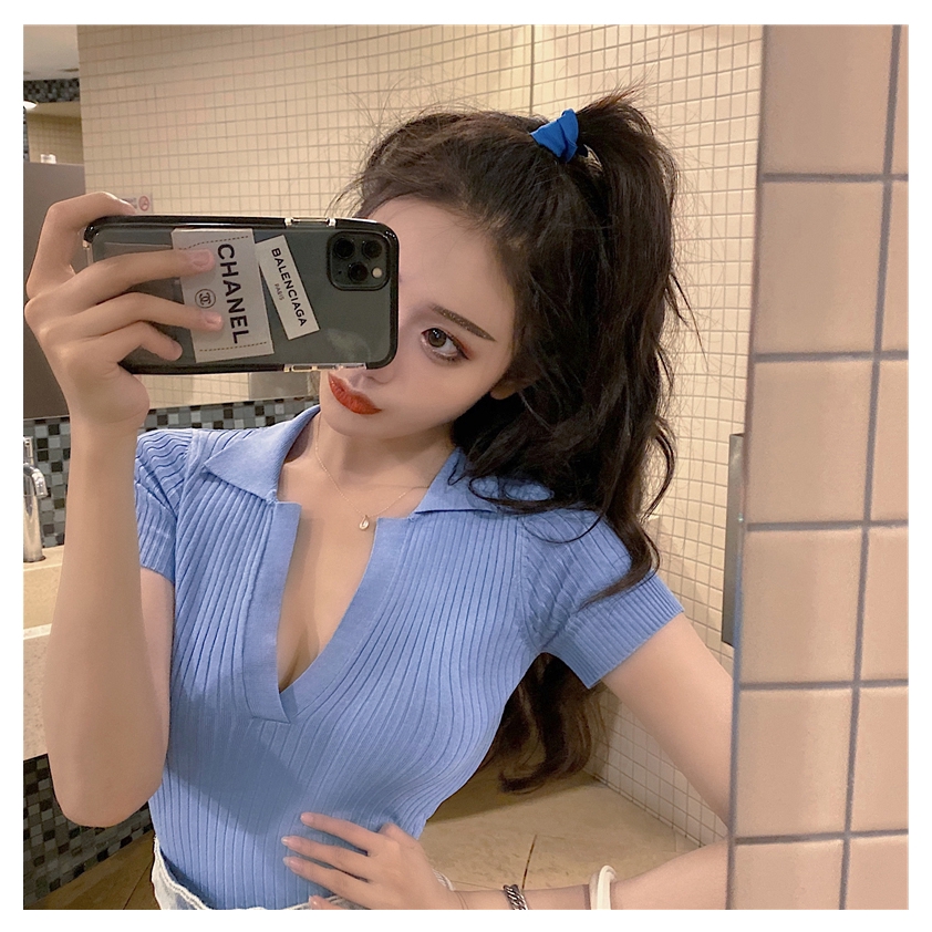 Áo dệt kim SUXI ngắn tay cổ chữ V phong cách retro