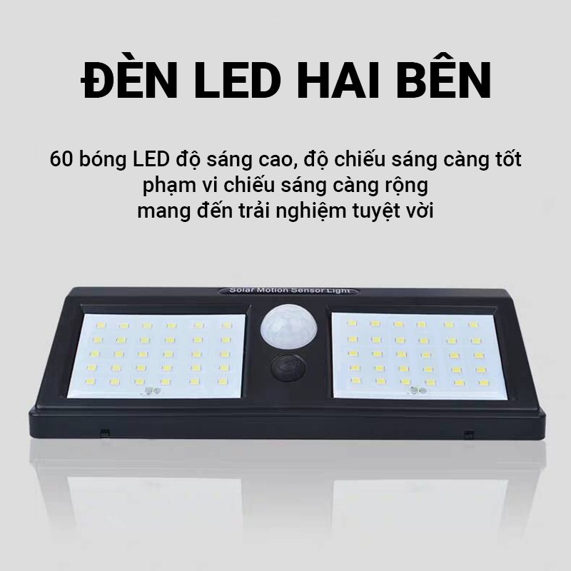 Đèn LED treo tường cảm ứng thông minh 60 bóng LED, sử dụng pin năng lượng mặt trời, không tốn tiền điện, dễ dàng lắp đặt