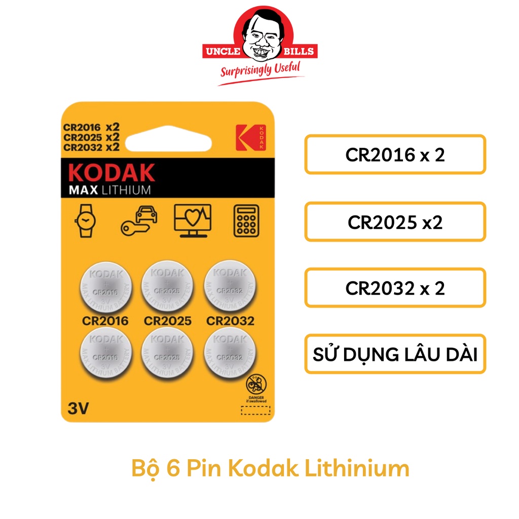 Vỉ 6 pin cúc áo Kodak Lithinium CR2016 CR2025 CR2032 điện thế 3V chính hãng Uncle Bills IB0222 pin chìa khóa ô tô xe máy