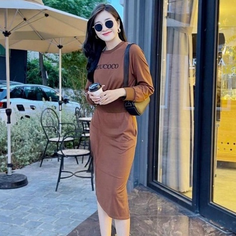 Set đầm váy áo tay dài in hình kèm chân váy dáng dài xẻ tà công sở cho nàng đi chơi dự tiệc