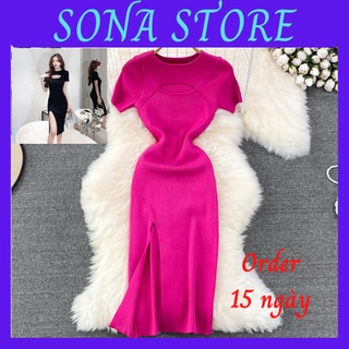 Váy body len dệt kim cổ tròn xẻ tà cut ngực đầm ôm nữ sexy gợi cảm sang chảnh tiểu thư bánh bèo hàng quảng châu cao cấp