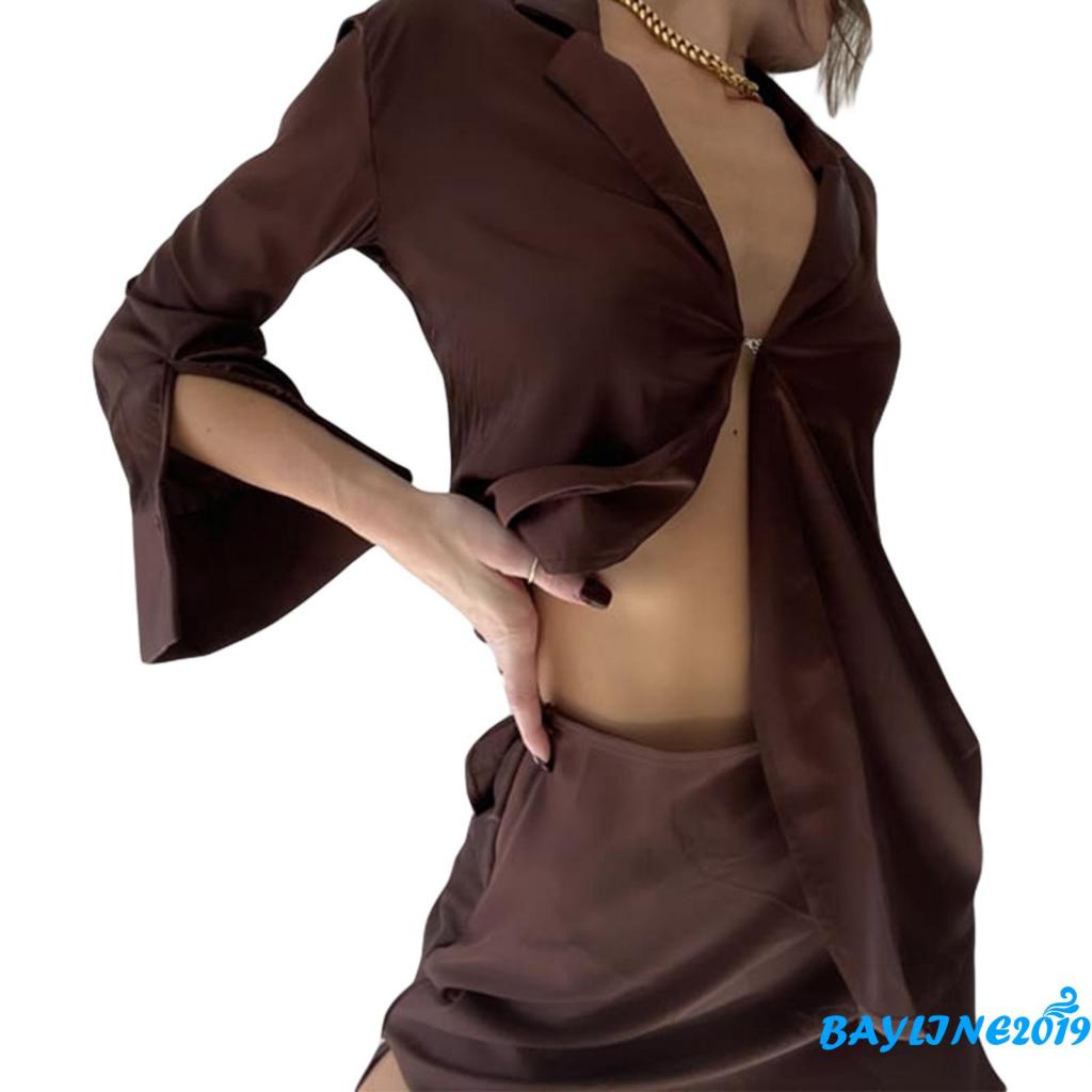 Bộ Áo Sơ Mi Dài Tay Màu Trơn Cài Nút + Chân Váy Eo Cao Dáng Lửng Thời Trang Mùa Hè Cho Nữ