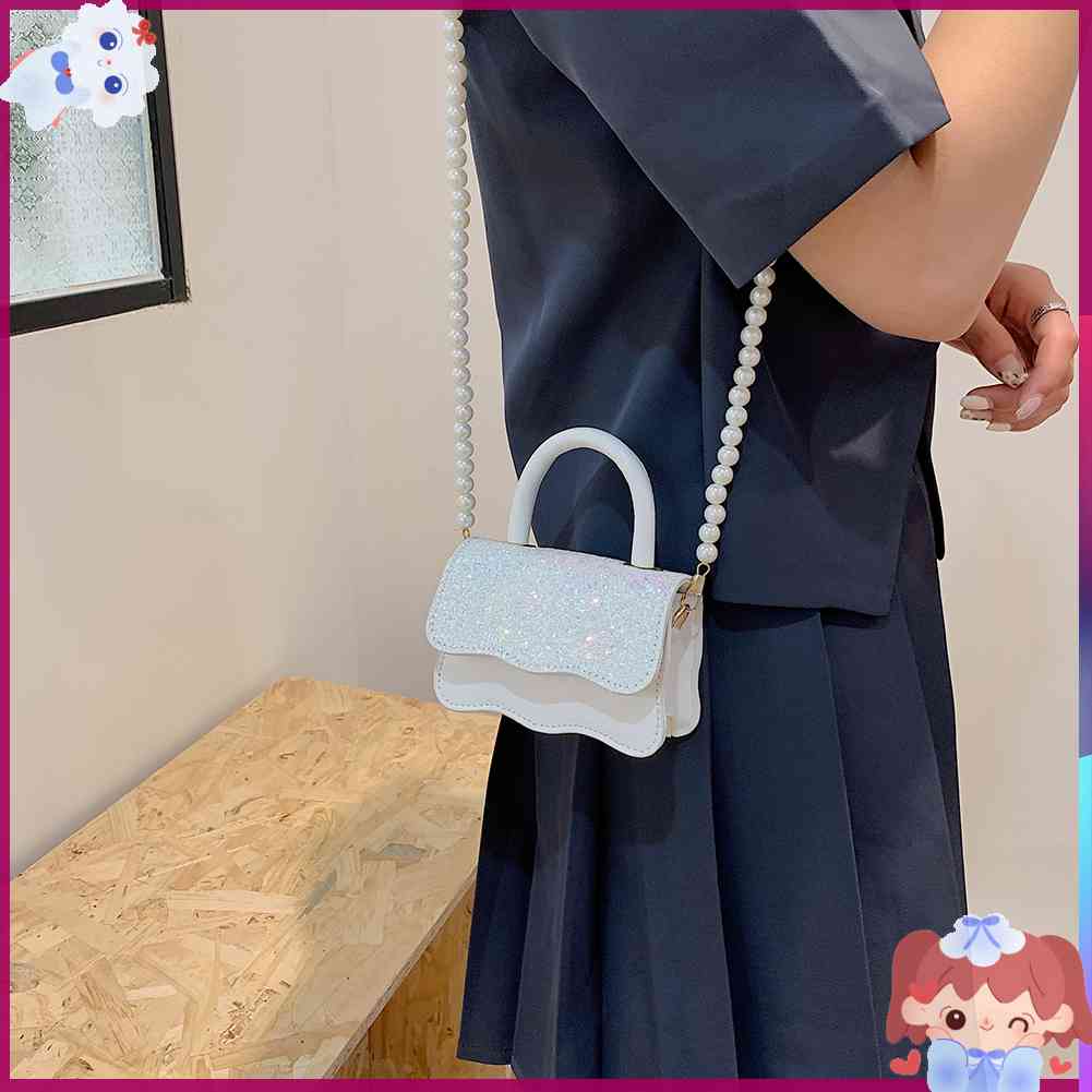 ✿Mars144✿Túi Da Đeo Chéo Mini Đính Hạt Ngọc Trai Thời Trang Dành Cho Nữ✿