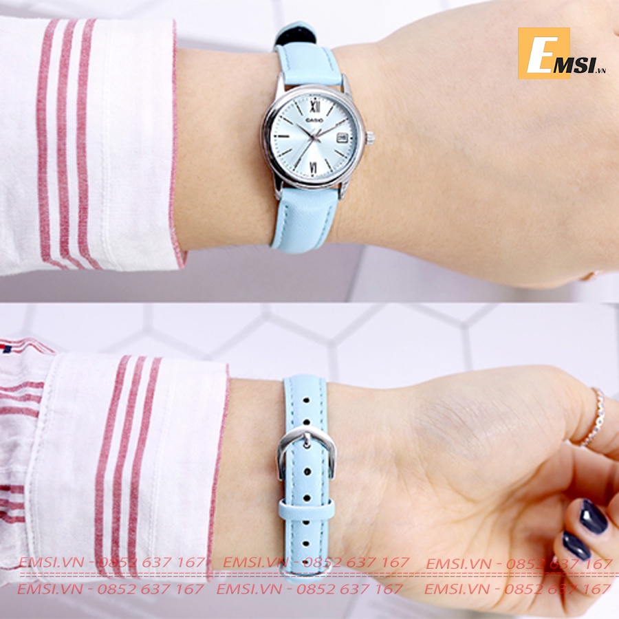 Đồng Hồ Casio Cặp Đôi MTP-V002L-2B3UDF & LTP-V002L-2B3UDF Dây Da - Mặt Số La Mã Nền Mặt Xanh - Chống Nước EMSI.VN