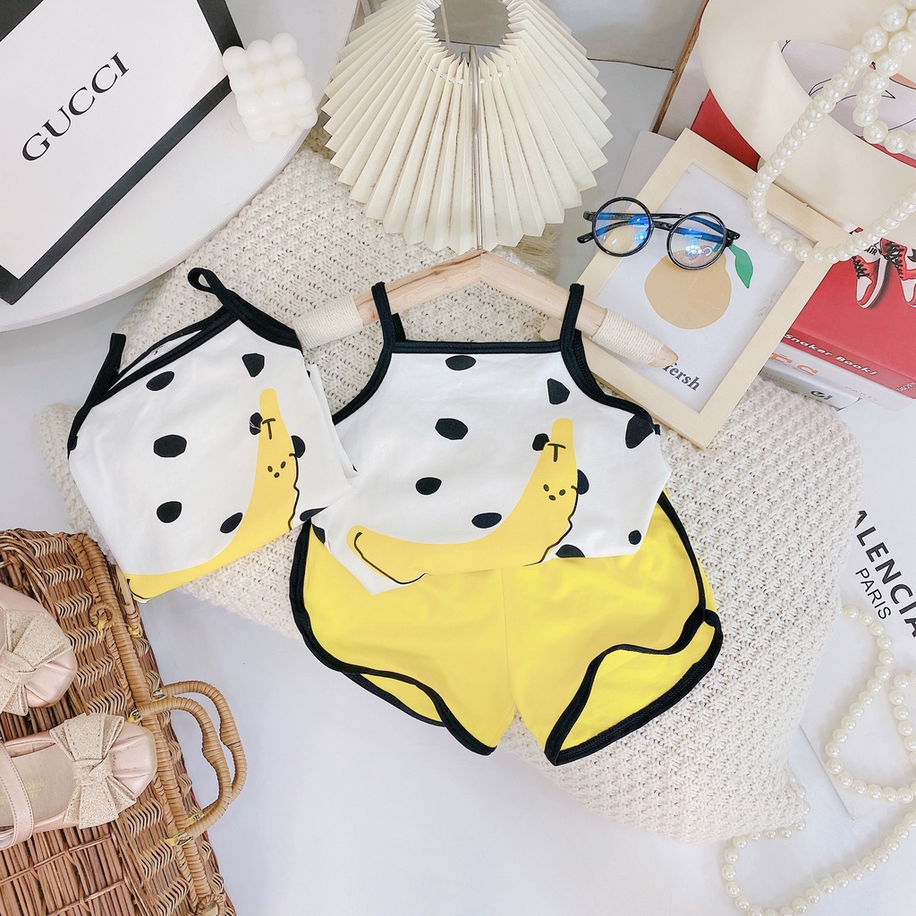 Bộ hai dây bé gái, bộ cotton 2 dây họa tiết chuối vàng- Happy Smile cho bé