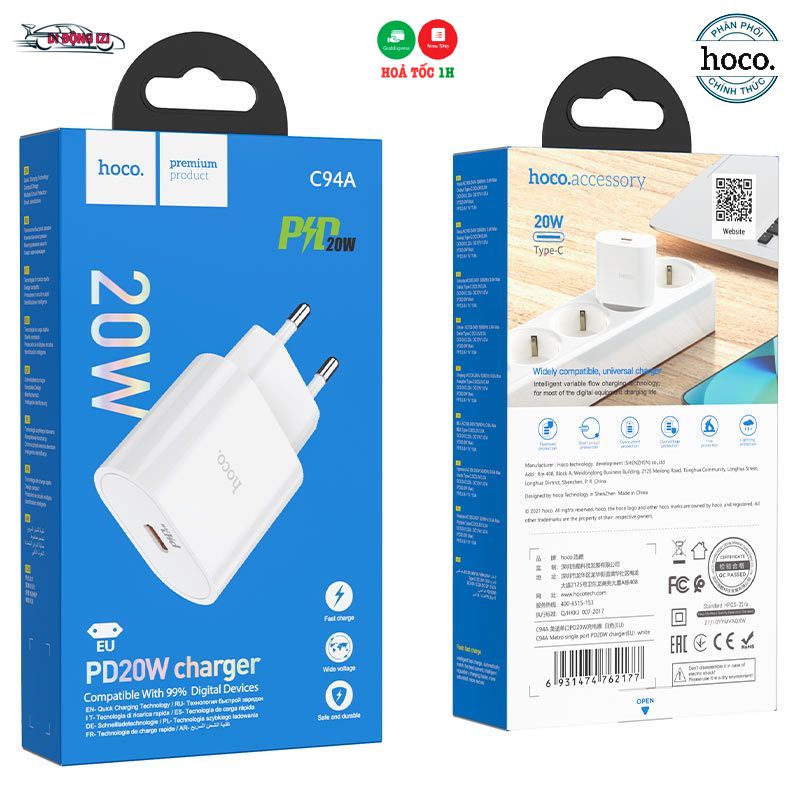 Củ Sạc Nhanh 20W PD Cho iP. Samsung, Xiaomi,... Cốc Sạc Hoco C94A Siêu Nhanh, Siêu Bền