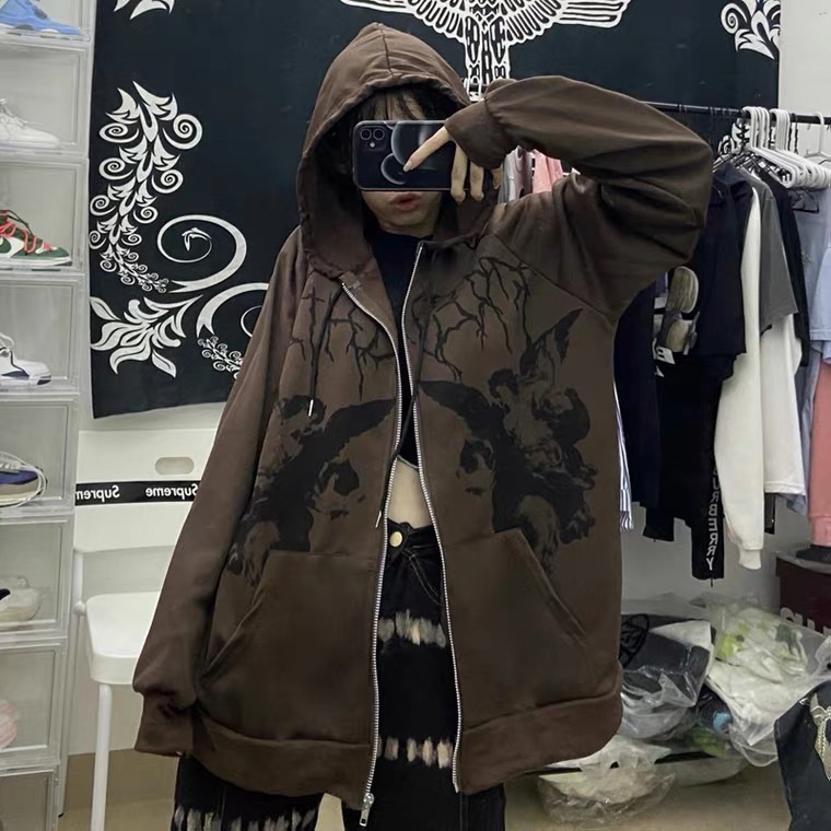 Tw Áo Khoác Tay Dài Dáng Rộng Có Dây Kéo Và Túi Phong Cách punk gothic Đường Phố Kích Thước Lớn Y2K Cho Nữ