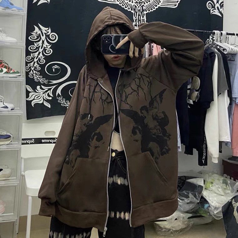 [ Mã 12FASHIONSALE1 giảm 10K đơn 50K ] Áo hoodie tay dài dáng rộng size lớn in họa tiết có túi và khóa kéo cho nữ | BigBuy360 - bigbuy360.vn