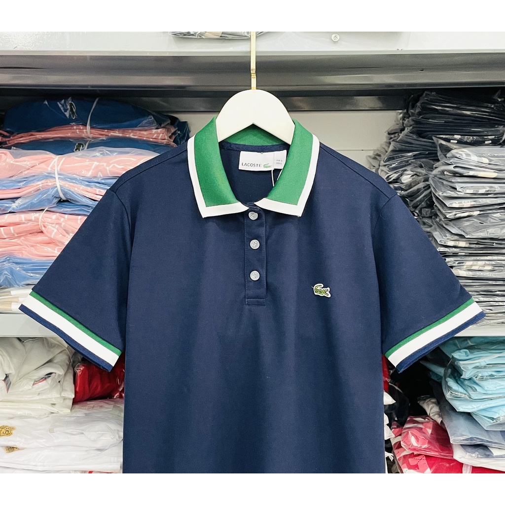 [HÌNH THẬT] ÁO THUN CỔ TRỤ LACOSTE XANH ĐEN VIỀN CỔ VNXK   - COTTON CÁ SẤU 100%