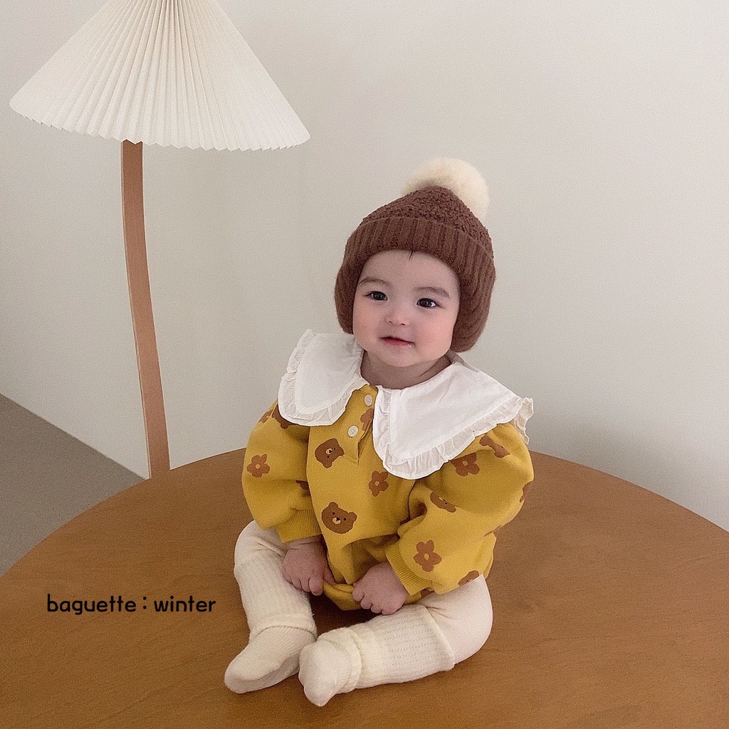 Bộ áo liền quần tay dài cổ búp bê in hoa gấu dễ thương cho bé gái