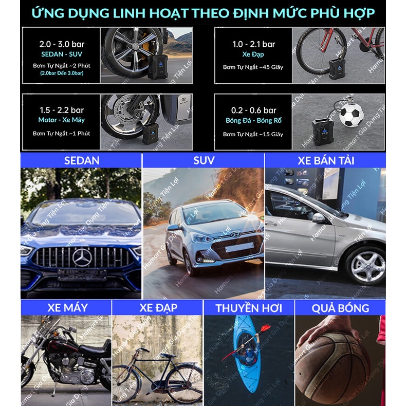 Bơm Lốp Ô Tô Tự Ngắt Mini Pin Tích Điện SUITU 12V Máy Bơm Xe Điện Tử Màn LED Đo Áp Suất Lốp Cao Cấp