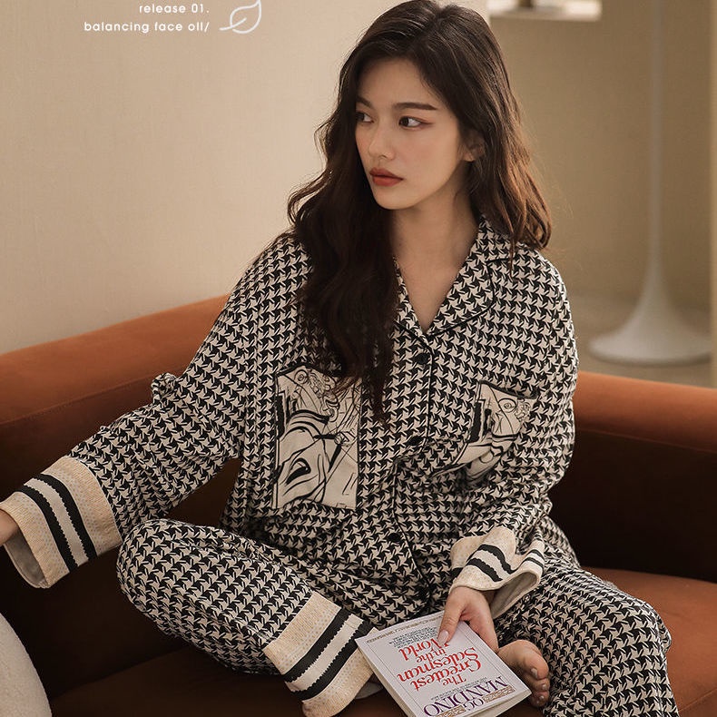 ❤️ Bán Nóng❤️Bộ Đồ Ngủ Hai Mảnh Dáng Rộng Tay Dài In Họa Tiết Houndstooth Phong Cách Mới Cho Bạn Gái