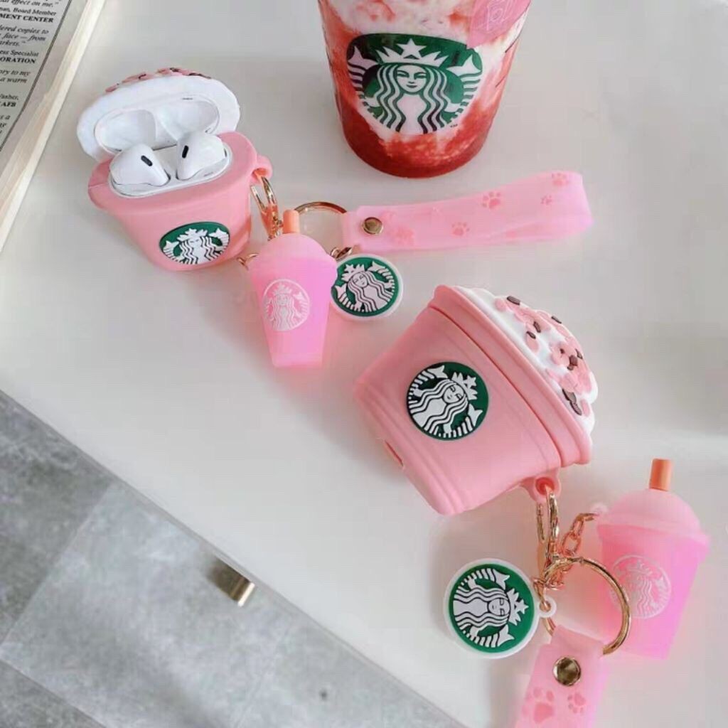 Vỏ bảo vệ hộp sạc tai nghe Airpods 1 2 hình ly kem starbucks màu hồng kèm móc treo độc đáo