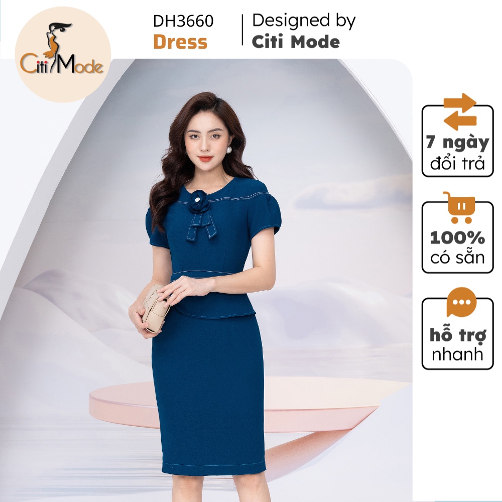 Đầm nữ thiết kế CITI MODE xanh than dáng ôm cổ tròn phối hoa cao cấp DH3660