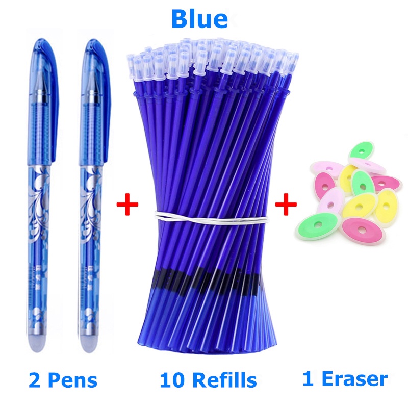 Set 2 bút bi mực gel ngòi 0.5mm kèm 10 ruột bút thay thế + 1 cục tẩy màu đen/ xanh dương có thể xóa được