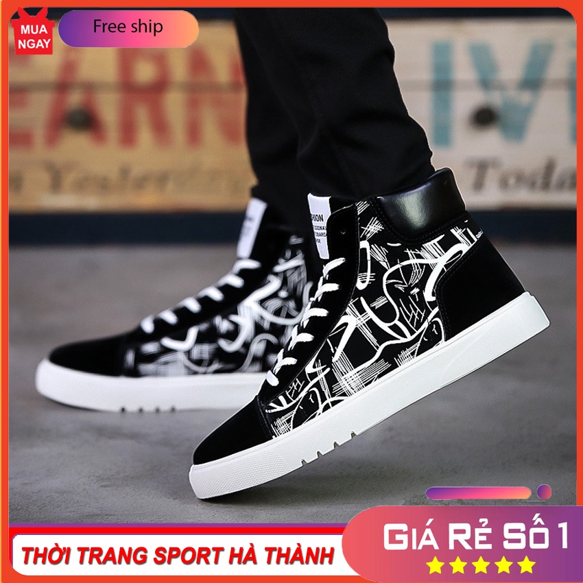 Giày nam cổ cao da lộn họa tiết đen trắng phong cách Thời Trang Nam SPORT HÀ THÀNH
