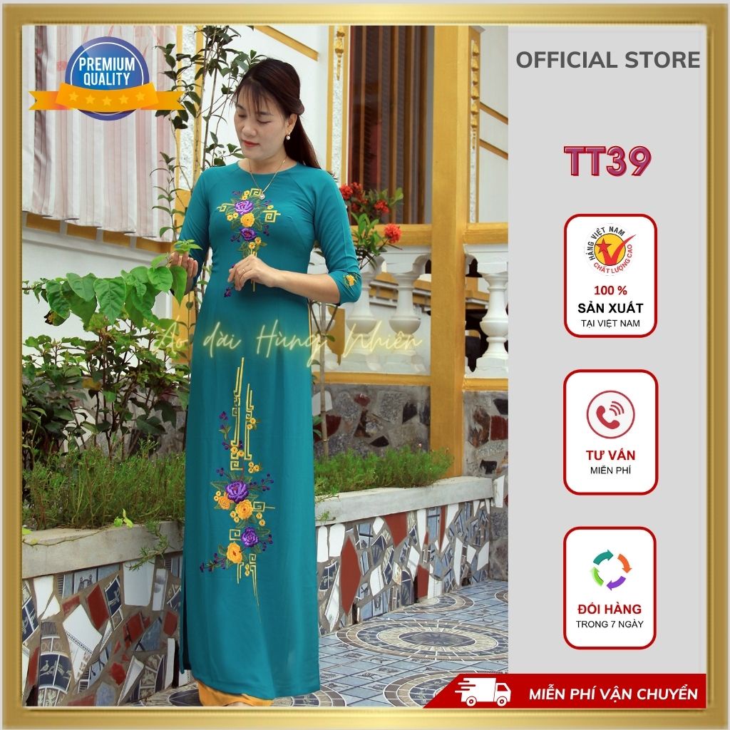 Áo dài Tằm thêu nữ may sẵn thiết kế đẹp, sang trọng, màu xanh