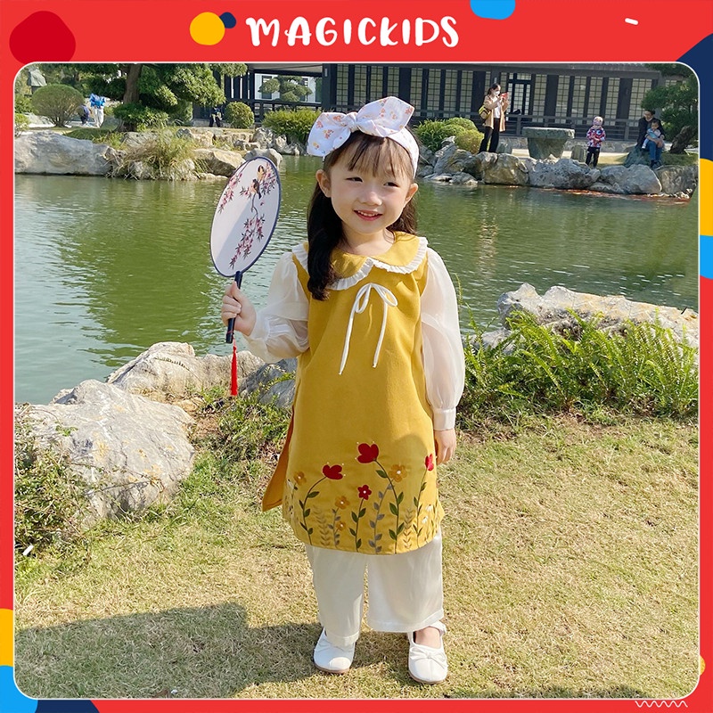 Áo dài bé gái dáng cách tân chất nhung thêu hoa kèm quần size 9-27kg Magickids Váy bé gái mặc Tết, sự kiện AO21025