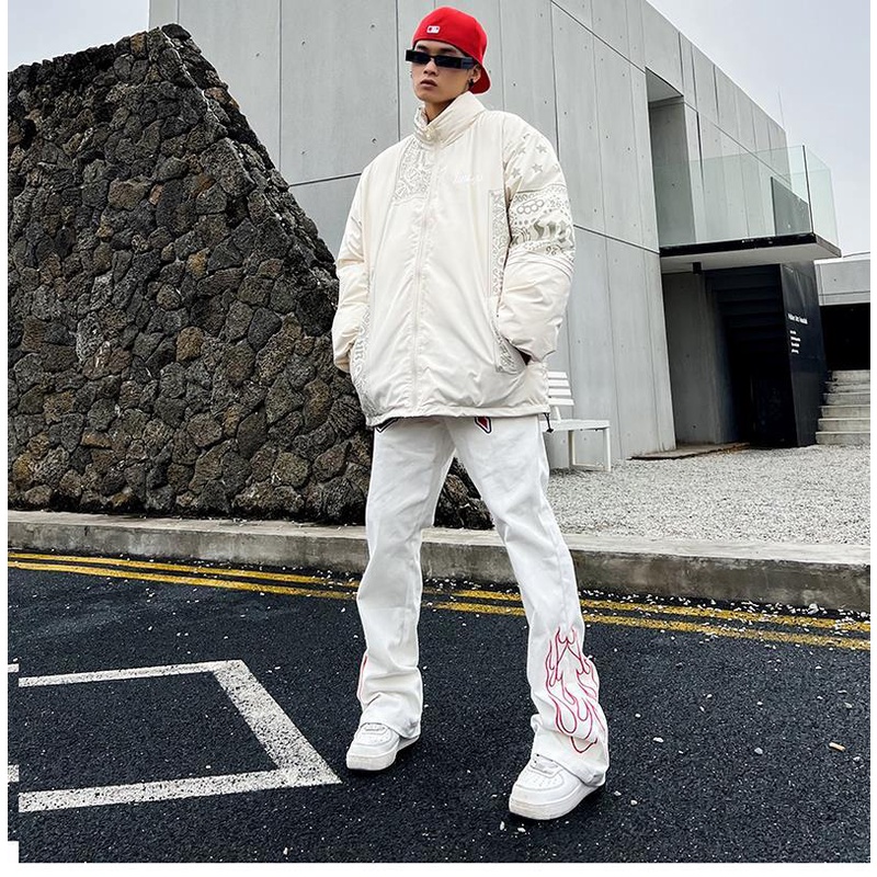 Quần jean dài thêu ngọn lửa phong cách hip hop cho nam