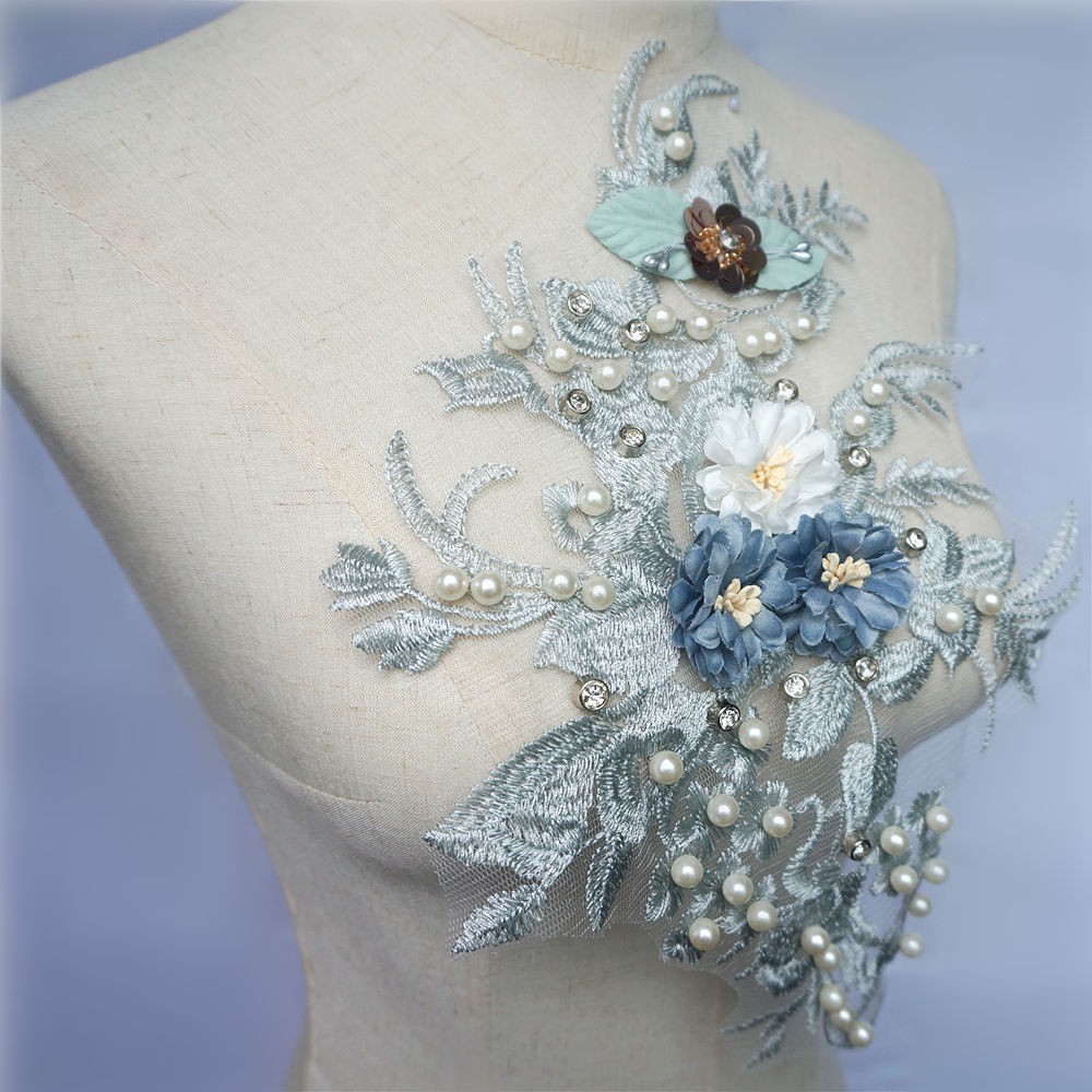 Thêu Kim Cương Giả Ngọc Trai Hoa Đính Ren Vải May Ren Viền Váy Cưới Thủ Công DIY