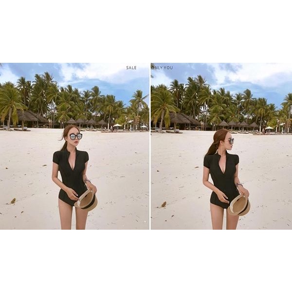 Bikini # Tay Áo Có Dây Kéo # Đen # Mỏng # Che Bụng # Sexy # Mềm Mại # Bãi Biển # Ngày Lễ # Bộ Đồ Bơi Thời Trang Mùa Xuân Cho Nữ