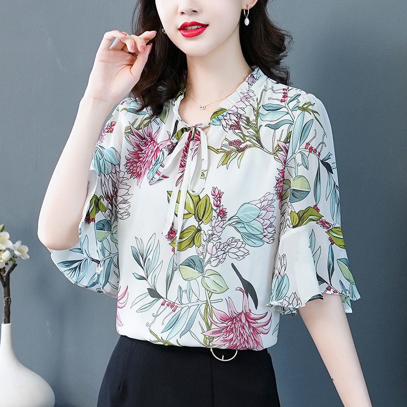 Áo sơ mi voan dài tay in họa tiết thanh lịch dành cho phụ nữ trung niên ar0G