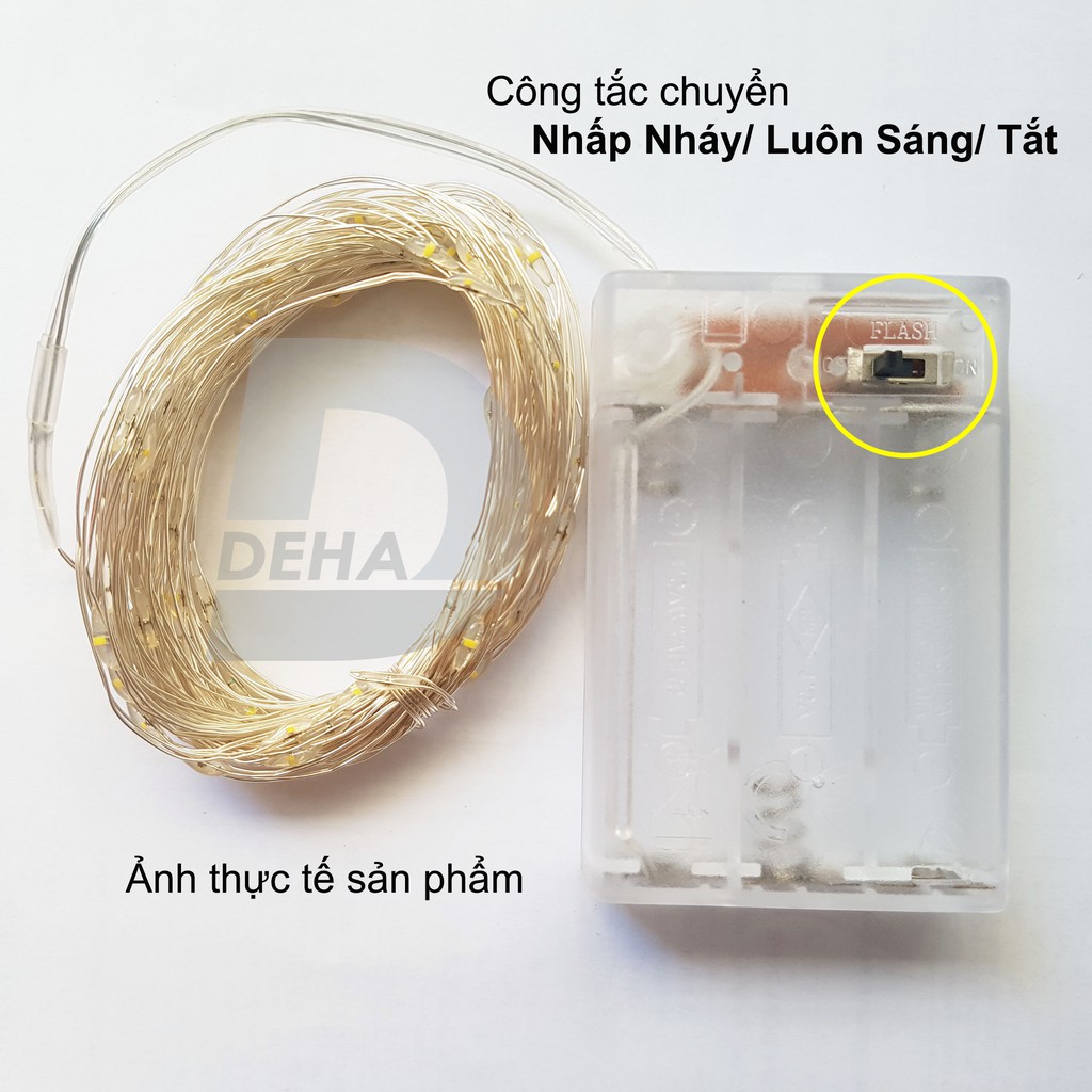Đèn led đom đóm DEHA màu trắng 5 mét  trang trí,  dùng  3 pin tiểu, có chế độ nhấp nháy plash