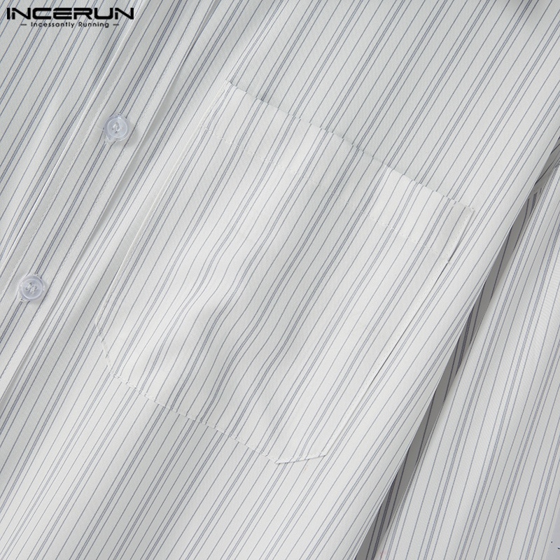 INCERUN Áo Sơ Mi Nam Baggy Tay Dài Họa Tiết Sọc Dọc Thời Trang