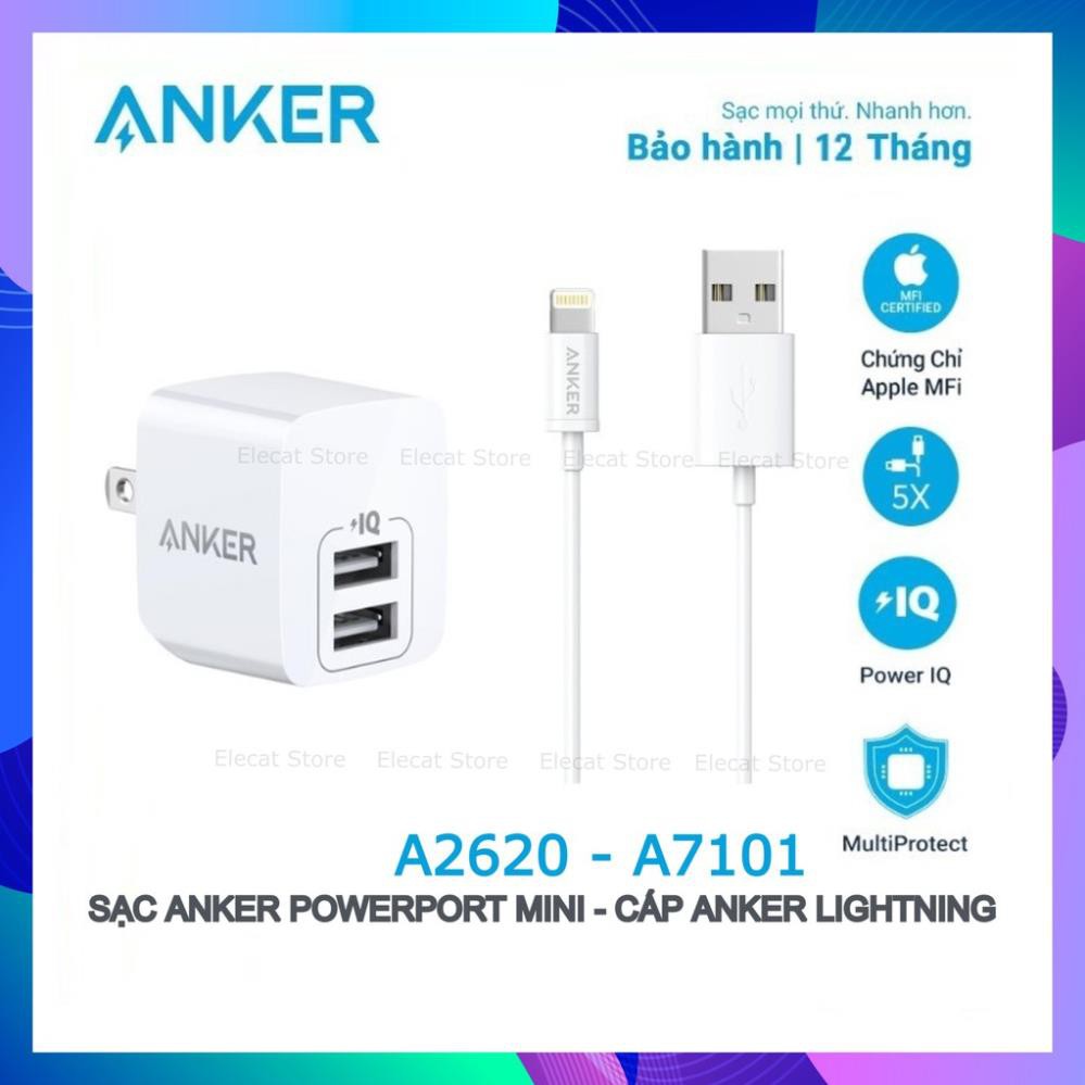 Cáp Lightning Anker Chuẩn MFI Chính Hãng (Anker PowerLine Lightning 0.9 m) - Cốc Sạc 2 Cổng Anker PowerPort Mini