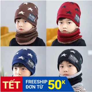 Set mũ len kèm khăn hình ngôi sao có lót lông cực ấm cho bé trai bé gái từ 6-15 tuổi