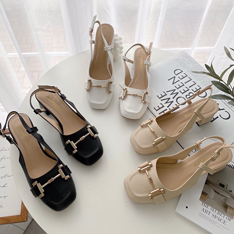 Giày cao gót khuyết gót DeChic bít mũi gót vuông dáng slingback hở eo thời trang tinh tế thanh lịch